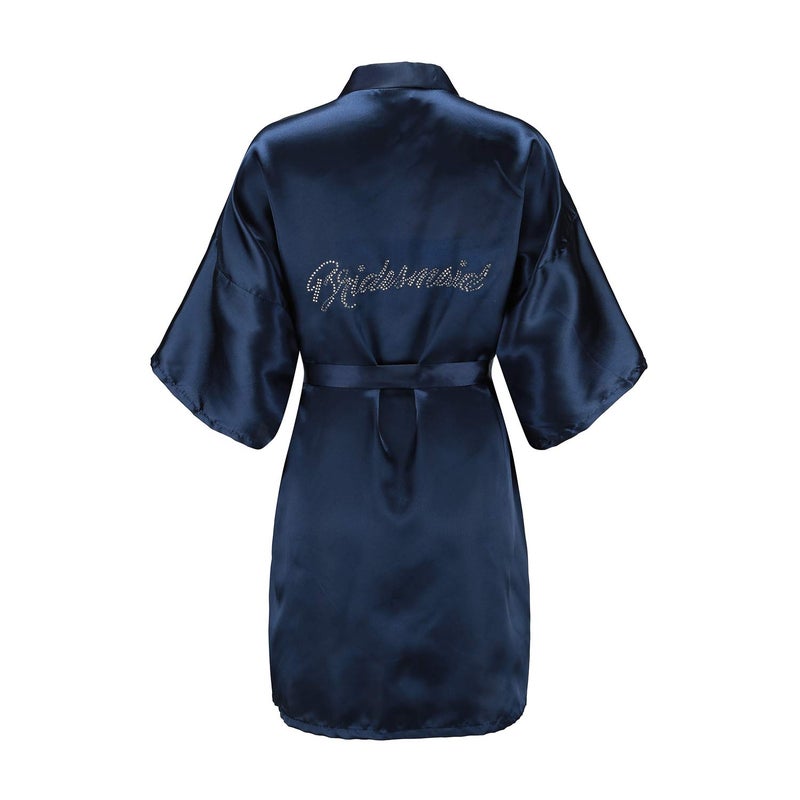 EPLAZA Women's One Size Silver Rhinestones Bride Bridesmaid Short Satin Robes for Wedding Party Getting Ready (Navy, Bridesmaid) - Image 1